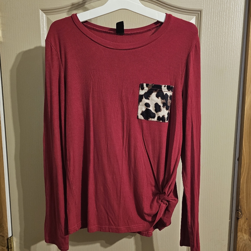 SHEIN burgundy Long Sleeve Shirt With Leopard Pocket